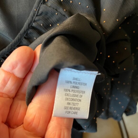 ELLE Blouse Dot Details Sheer Sleeves Scoop Neckline Tie Hem Black & Bronze L - Picture 10 of 14